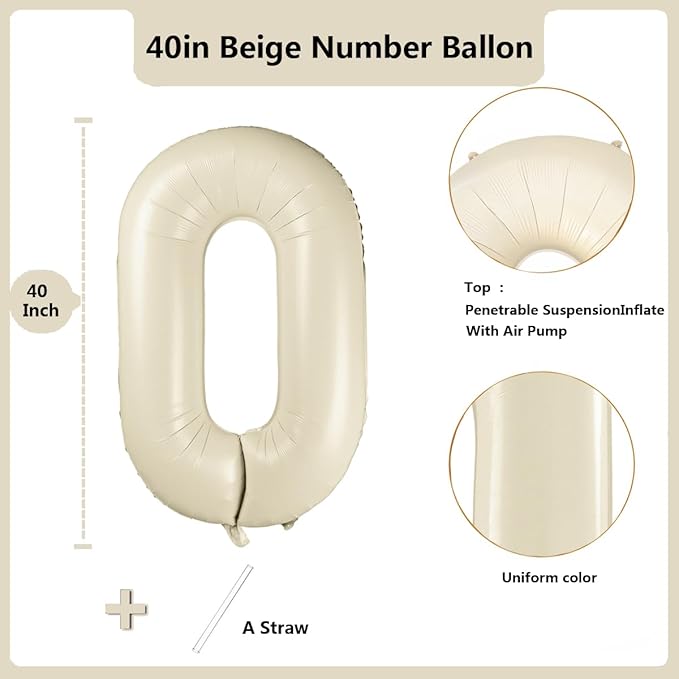 40 inch Beige Number Balloon Giant Foil Helium Balloons Cream White Number 0 Balloon for Birthday Party Anniversary Decorations Supplies
