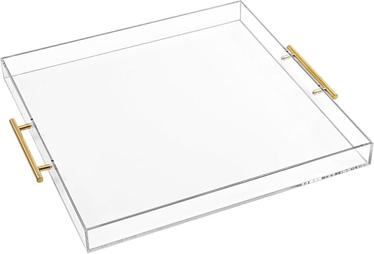 Extra Large Clear Acrylic Serving Tray (21×21 Inches) with Gold Handles Spill Proof Acrylic Over Size Big Decorative Tray Organiser for Ottoman Coffee Table Countertop