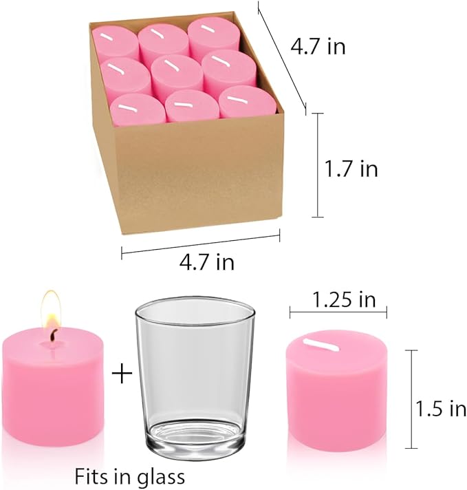 9 Packs Pink Votive Candles, Small Unscented 1.5 Inch Diameter Wax Candles for Christmas Valentine's Day Wedding, Party, Table Holiday & Home Decoration - 8 Hours Burn Time (1.5" W x 1.25" H)