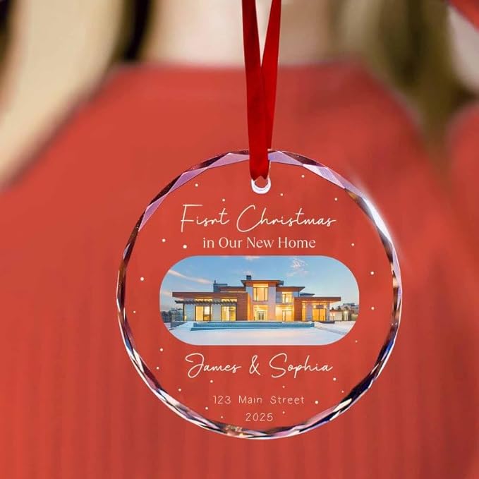 Personalized Round Christmas Crystal Glass Ornaments Custom Xmas 2025 Ornament for Christmas Tree Decorations Customized First Christmas in New Home Tree Hanging