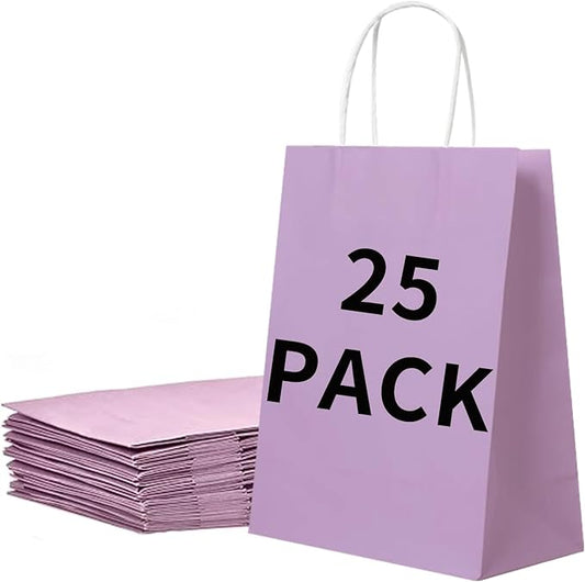BAG BOX 25 Pack 8.3 * 4.3 * 10.6 Inch Purple Gift Bags with Handles,Bulk Kraft Paper Bags for Shopping, Retail, Merchandise, Wedding, Party Favors, Paper Grocery Sacks