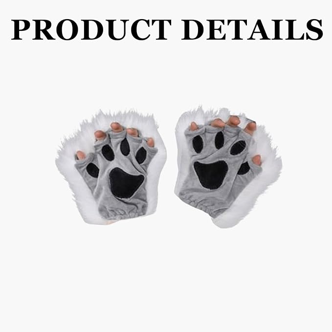 4 Pcs Faux Fur Fox Tail Cat Wolf Cosplay Costume Set for Men Women Therian Mask Paw and Tail Set for Halloween Christmas Party, a Fox Mask, a Pair of Paw Gloves and a Tail (White)