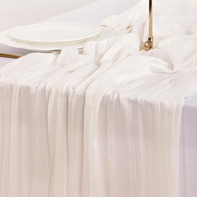Socomi 6pcs Ivory White Cheesecloth Table Runner Fall Thanksgiving Boho Rustic Gauze 120 inch 10FT Cheese Cloth Runner for Wedding Party Baby Shower Birthday Home Decor Holiday Decorations