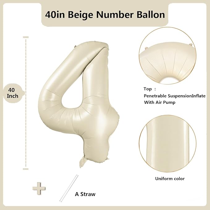 40 inch Cream White Number Balloon Giant Foil Helium Balloons Beige Number 4 Balloon for 4th Birthday Party Anniversary Decorations Supplies