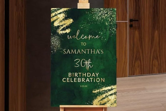 Birthday Welcome Sign - Green and Gold Glitter Sparkle Sign for Party