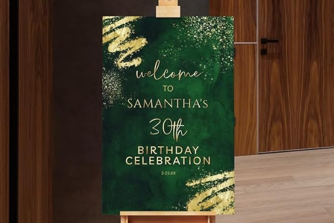 Birthday Welcome Sign - Green and Gold Glitter Sparkle Sign for Party