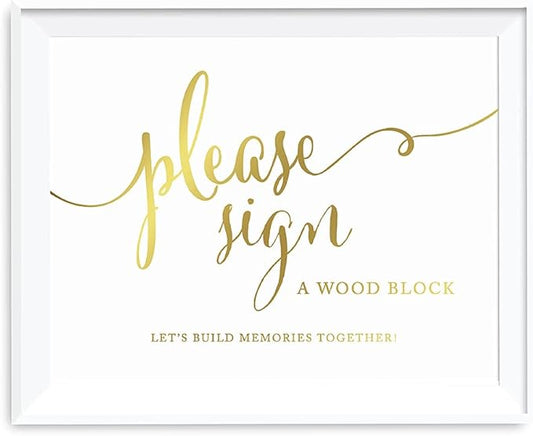 Andaz Press Wedding Party Signs, Metallic Gold Ink Print, 8.5x11-inch, Please Sign a Wood Block, 1-Pack, Unframed