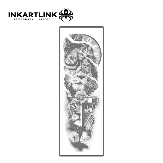 INKARTLINK Semi Permanent Tattoo, 2 Pieces Full Arm Large Size Art Party Tattoos, Comes with a Pair of Anti-Transfer Sleeves, Lasts 7-15 Days, Waterproof and Anti-Reflective (Lion, Jesus)