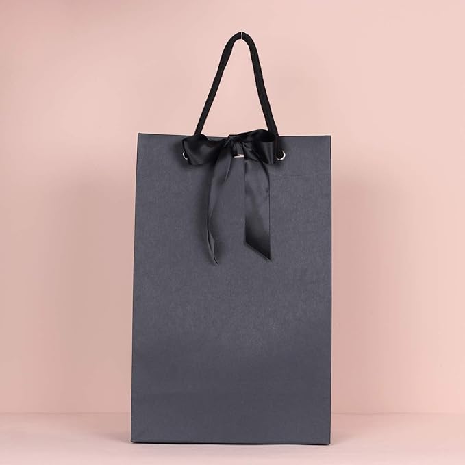 PAPERIST 12pcs Elegance Gift Bag with Satin Bows Ribbon, Sturdy Durable Thick Gift Bag, Black gift bag with Black handle and Ribbon, Gift bag for Wedding, Christmas, Birthday Party, Bridal Shower