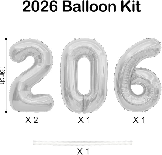 2026 Balloons, 2026 Number Balloons, 2026 Silver Balloon, Foil Happy New Year Balloon for New Year Eve Party Supplies 2026 Graduation Decorations Anniversary Birthday Home Office Decorations, 16 Inch