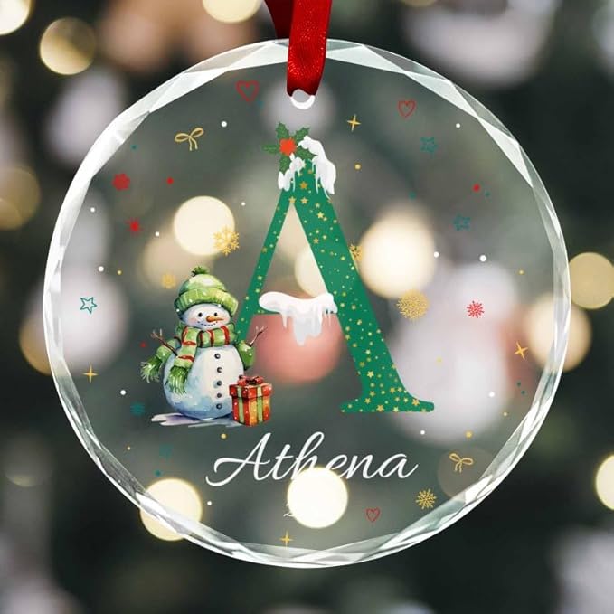 Personalized Round Christmas Crystal Glass Ornaments Custom 2025 Name Ornament for Christmas Tree Decor Customized Smowman Tree Hanging Gifts for Family