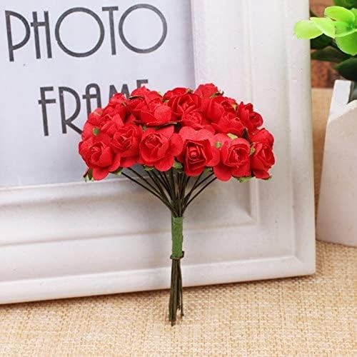 144pcs Mulberry Paper Mini Roses Artificial Flowers Heads with Stems for DIY Crafts Accessories Make Bridal Hair Clips Headbands Dress Wedding Bridal Bouquets Party Home Decor Valentine's(Red)