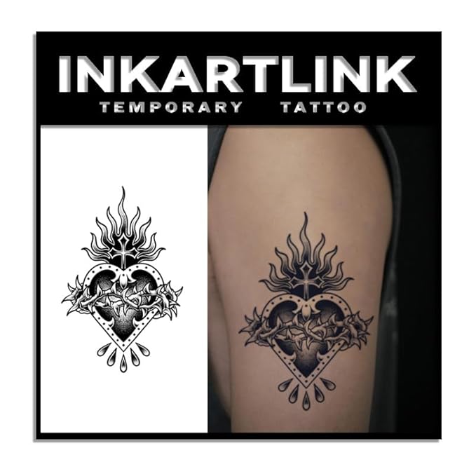 INKARTLINK Tattoo Tech, 2 Sheets Medium Semi Permanent Tattoo, Adult Art Design Temporary Tattoos, Lasts 1-2 Weeks, Waterproof, Realistic Look, No Reflection (Thorned Sacred Heart)