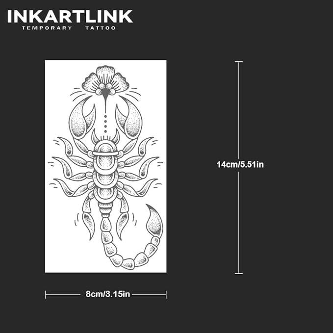 INKARTLINK Tattoo Tech, 2 Sheets Medium Semi Permanent Tattoo, Adult Art Design Temporary Tattoos, Lasts 1-2 Weeks, Waterproof, Realistic Look, No Reflection (Scorpion with Floral Accent)
