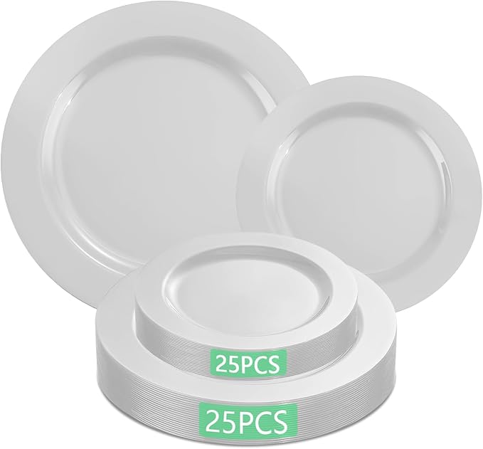 MENDENG 50PCS White Plastic Plates for Party, 25x10.25 Dinner Plates & 25x7.5 Dessert Plates, Heavy Duty Disposable Plastic Plates for Wedding Party Picnic Family Dinner