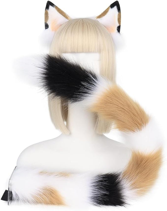 QinRuan Animal Cosplay Costume Accessories Furry Faux Fur Cat Ears Headband and Fox Tail Set Halloween Accessory