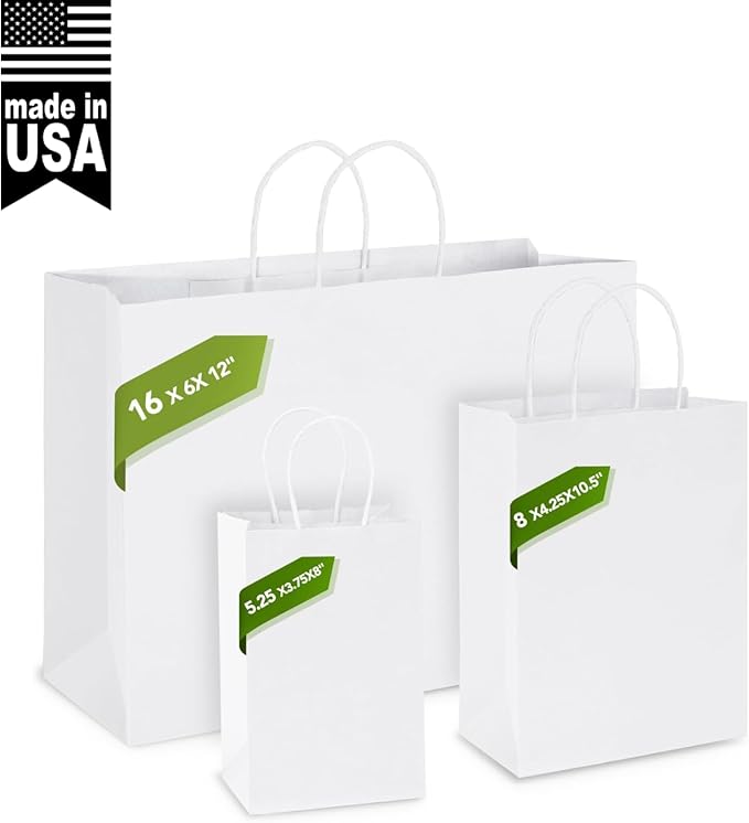 MESHA Gift Paper Bags 12000 PACK 8x4.25x10.5'' White Medium Shopping Kraft Bags Bulk with Handles Reusable for Business,Grocery,Birthday,Wedding,Kids Party,Favors