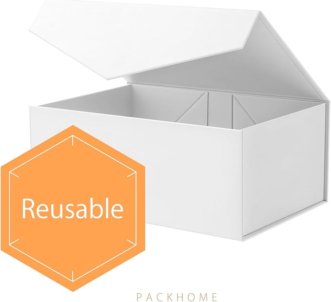 PACKHOME 6 Gift Boxes 9x6.5x3.8 Inches, Rectangle Collapsible Boxes with Magnetic Lids for Gift Packaging (Matte White, Grain Texture)