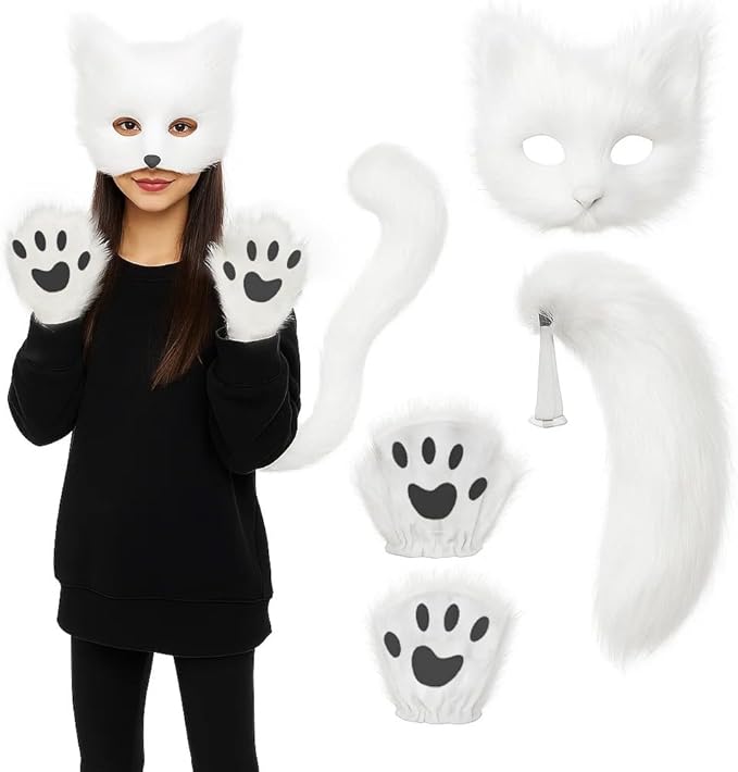 Fox Mask Wolf Fox Tail Cat Cosplay Set: Furry Mask + Paw Gloves + Tail, Ideal for Halloween & Themed Parties