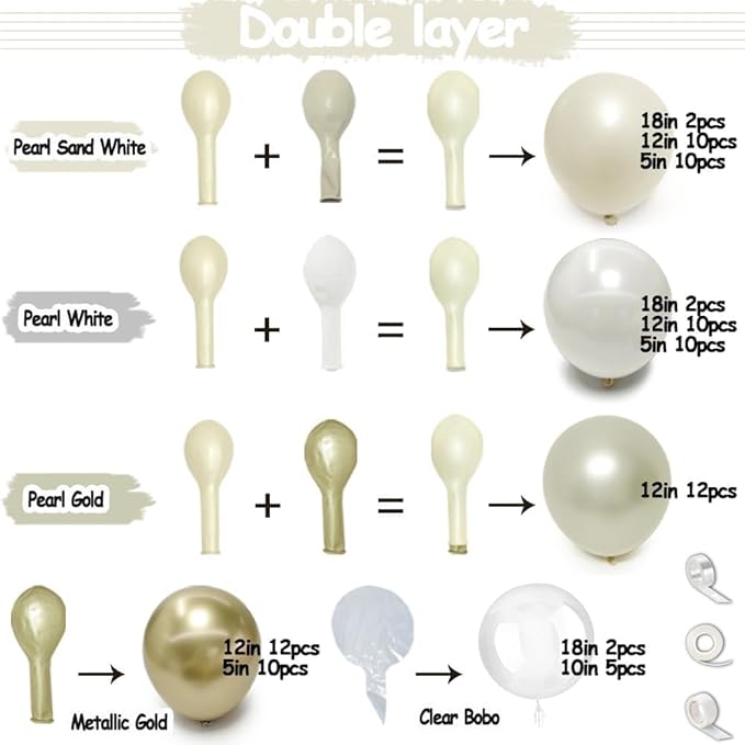 White Gold Balloon Arch Double Stuffed Pearl White Sand Cream Gold Balloon Garland Kit Pearl Ivory Beige Balloons for Wedding Baptism Bridal Shower Birthday Baby Shower Bachelorette Party Decor