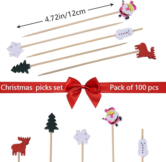 Christmas Cocktail Picks, 100PCS Christmas Food Picks, Toothpicks for Appetizers - Appetizing Skewers for Fruits Dessert Decoration - 4.7 inch