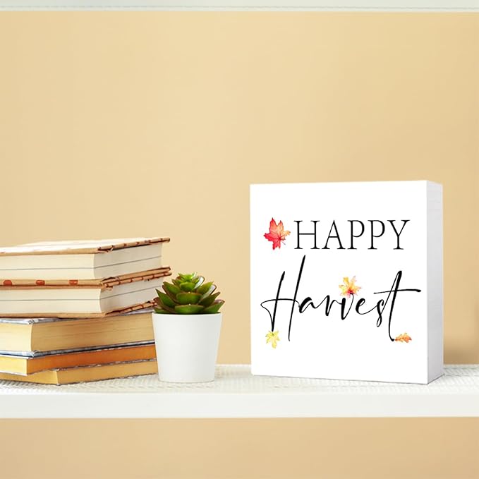 Funny Autumn Wood Box Sign Happy Harvest Wooden Block Desk Decor for Home Office Kitchen Cubicle Table Shelf Tabletop,Farmhouse Fall Sign Decor
