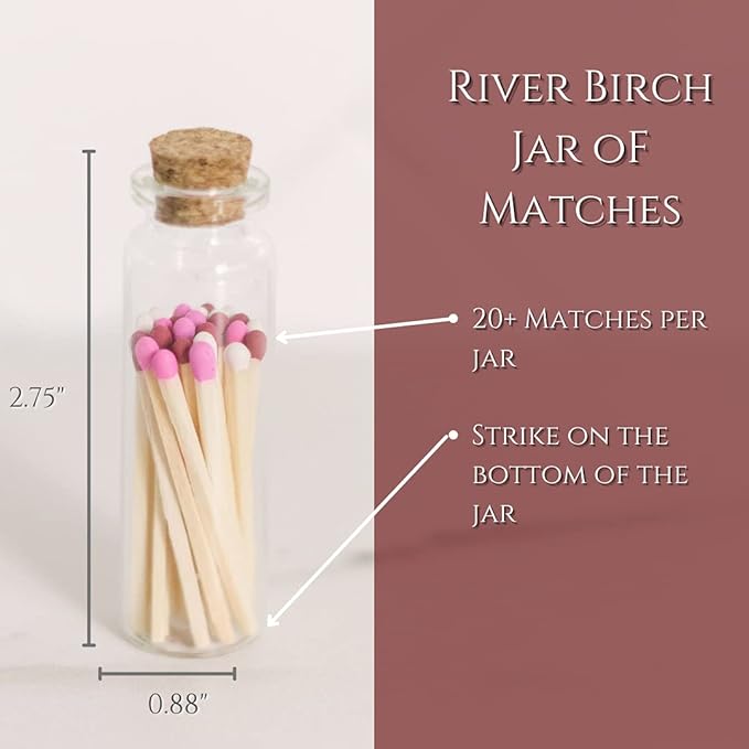 River Birch Decorative Matches in a Bottle with Striker - Cute & Colored Matches - 3 Bottles, Romantic Valentine's Tip, 60 Matches