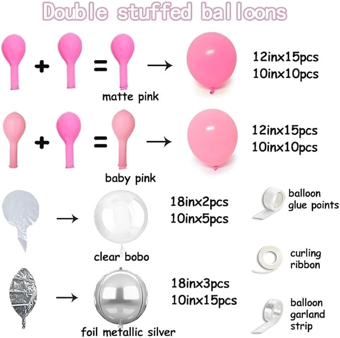 Pink Silver Balloon Garland Double Stuffed Light Pink Balloon Arch Kit with Clear Bobo Balloons for Birthday Baby Shower Wedding Bridal Shower Princess Party Decorations
