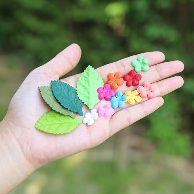 200 Pcs Handmade Mixed Mulberry Paper Flowers Petals and Leaves Scrapbooking Wedding DIY Craft Supplies Card (10 Colors Flowers/Green Tone Leaves)