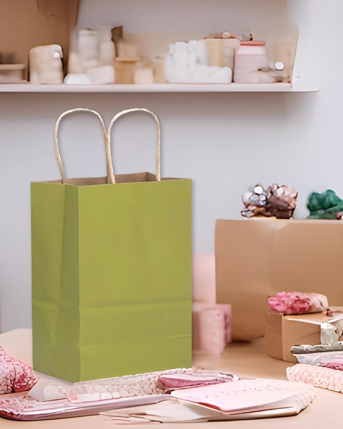 qiqee Large Kraft Paper Bags with Handles 13"x10"x5" 32 pcs Gift Paper Bag Sage Green Solid Color Bags（Large Size）