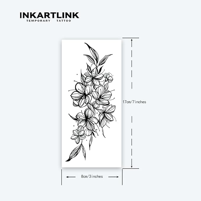 INKARTLINK Tattoo Tech, 2 Sheets Large Semi Permanent Tattoo, Adult Art Design Temporary Tattoos, Lasts 1-2 Weeks, Waterproof, Realistic Look, No Adhesive, No Reflection (Plain Flower Design)