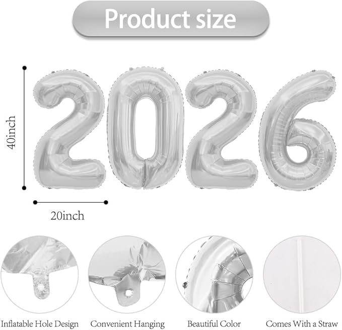 2026 Balloons, 40 Inch Foil Number Balloons, 2026 Balloon Numbers, Number Balloon for New Year Eve Festival Christmas Birthday Wedding Anniversary Party Supplies, New Years Decorations Silver
