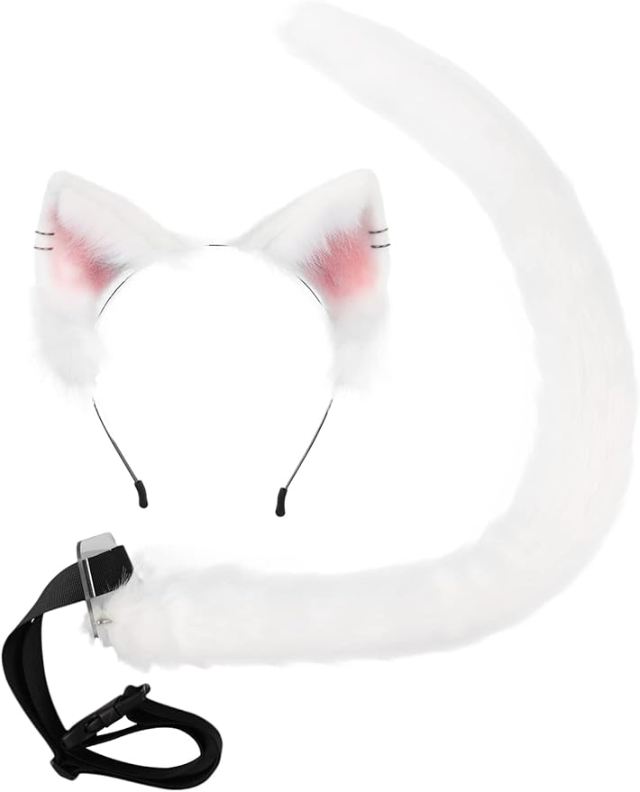 QinRuan Animal Cosplay Costume Accessories Furry Faux Fur Cat Ears Headband and Fox Tail Set Halloween Accessory