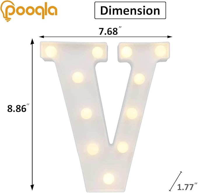 Pooqla LED Light Up Letters, Warm White and Colorful Lighted Marquee Letters with Remote, Lighted Letter for Party Birthday Decorations, Gift for Girls Boys Night Light, Wedding Home Decor, Letter V