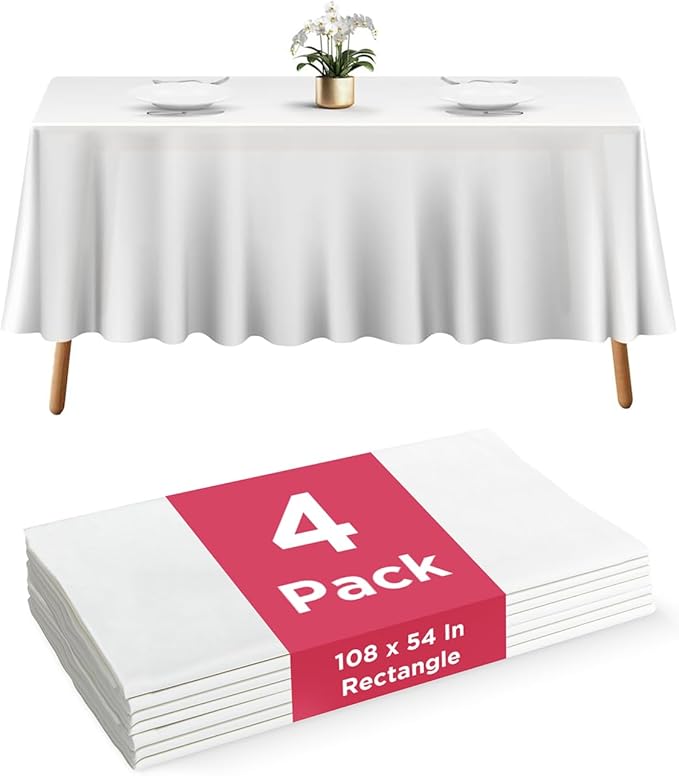 Prestee 4 Pack Plastic Table Cloth Disposable - 108" x 54" White Table Cloth Rectangle Table Cover - Heavy-Duty Waterproof Disposable Tablecloths for Weddings, Parties, BBQs, and Outdoor Dining Events