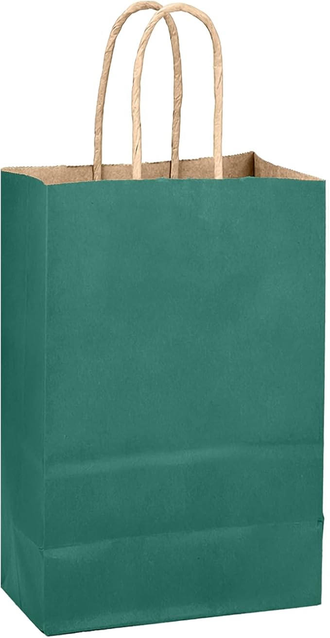 qiqee Peacock Green Gift Bag with Handles Bulk 24Pcs Paper Bags -10.6"x8.3"x4.3"Party Favor Bags - Solid Color