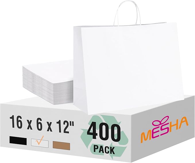 MESHA Gift Paper Bags 400 PACK 16x6x12 Inch White Large Shopping Kraft Bags Bulk with Handles Reusable for Business,Grocery,Birthday,Wedding,Kids Party,Favors