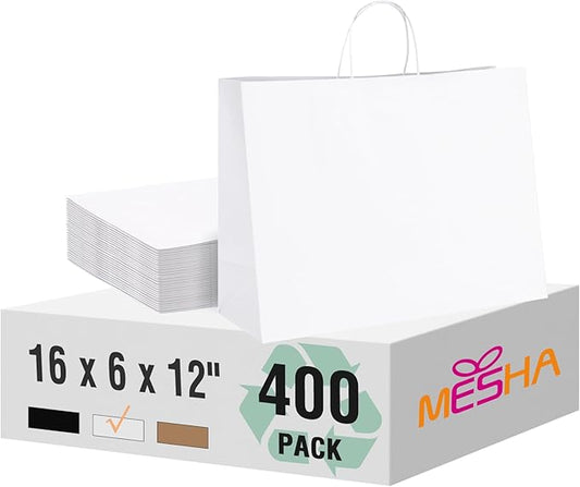 MESHA Gift Paper Bags 400 PACK 16x6x12 Inch White Large Shopping Kraft Bags Bulk with Handles Reusable for Business,Grocery,Birthday,Wedding,Kids Party,Favors