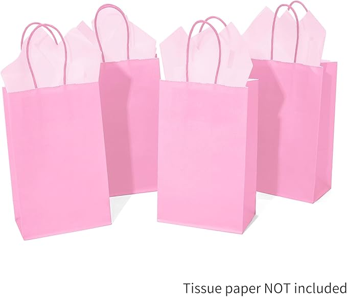 DjinnGlory 100 Pack Small Sized Pink Paper Gift Bags with Handles Bulk for Small Business, Boutiques, Baby Showers, Party Favors & Care Packages, 9x5.5x3.15 Inch