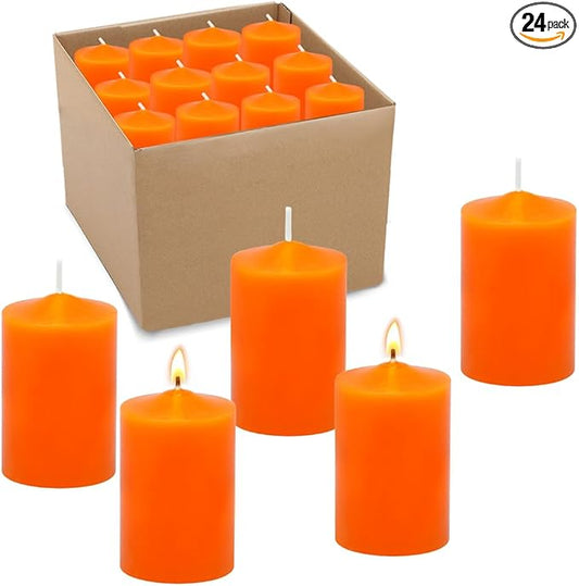 24 Packs Orange Colored Votive Candles, Unscented Small 1.5 Inch by 2.0 Inch Fall Wax Candles for Thanksgiving Wedding, Party & Home Dinner Table - 12 Hour Burn Time