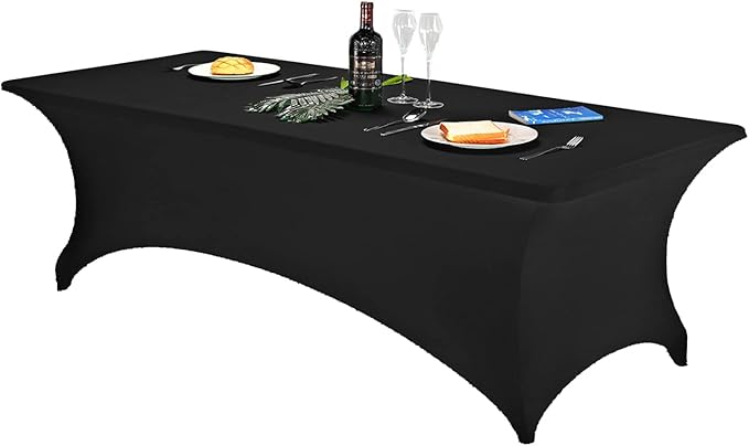 FORLIFE Spandex Table Cover - Fitted 8ft Rectangular Tablecloth, Stretch Patio Cover, Universal for Wedding, Banquet, Party (Black)