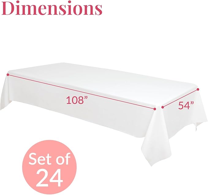 Prestee 24 Pack Plastic Table Cloth Disposable - 108" x 54" White Table Cloth Rectangle for Indoor or Outdoor Use - White Tablecloths for Weddings, Parties - Plastic Table Cover for Fine Dining Events