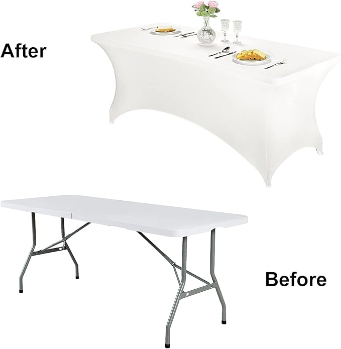 FORLIFE 4Pack Spandex Table Covers ，Fitted Tablecloth for Rectangular Tables, Stretch Patio Table Covers, Universal Spandex Table Cover for Wedding, Banquet, Party (8ft, White)