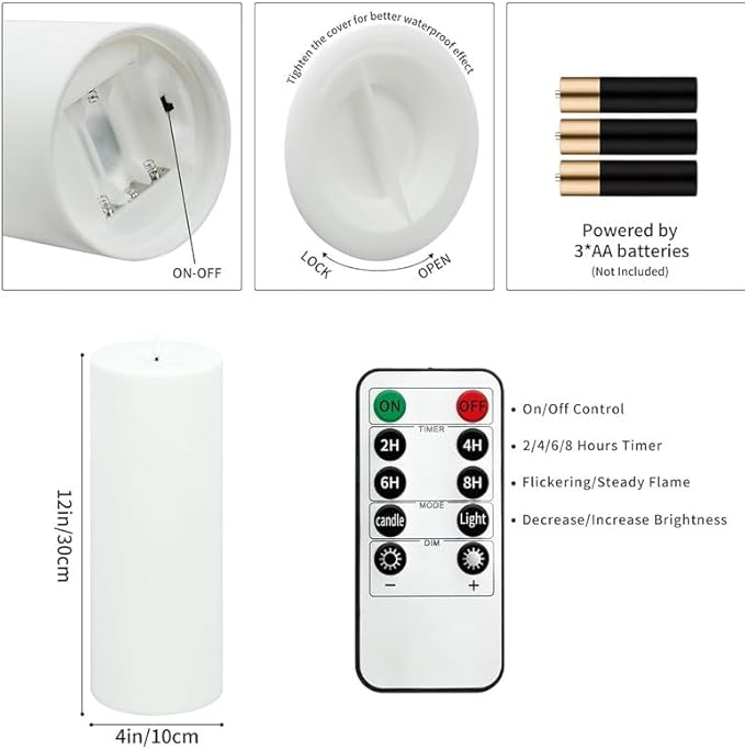 12" x 4" Large Outdoor Candle with Timer Waterproof Flickering LED Flameless Candle Battery Operated with Remote Fake Pillar Candle Realistic for Patio Porch Lantern, White 1 Pack