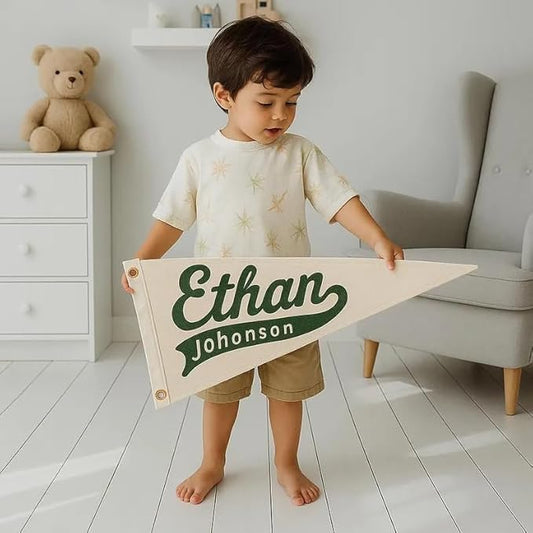 Personalized Name Pennant Flag, Handmade Embroidered Custom Canvas Nursery Pennant for Boy Girl, Baby Name Banner Flag Wall Hanging for Bedroom Dorm Baby Shower Kids Room