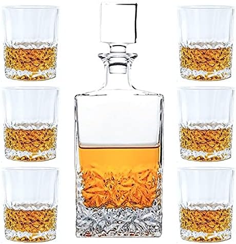 Whiskey Decanter Glasses Set Lead-Free Crystal Glass Scotch Tasting Cups Wine Bottle for Drinking Irish Whisky Bourbon Tequila tumbler (Leaves, 1 Decanter & 6 Glasses Set)