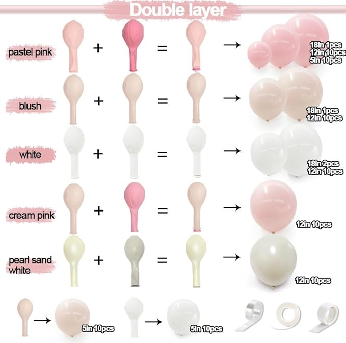 Pink White Balloon Garland Double Stuffed Pink Beige Cream Peach Pastel Balloon Arch Kit Pearl Sand White Balloons for Girl Baby Shower Birthday Wedding Anniversary Party Decoration