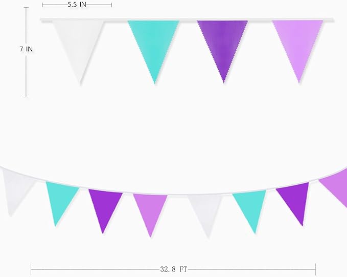 10M/32Ft Purple Aqua Blue and White Banner Decorations Triangle Flag Fabric Pennant Bunting Garland for Little Mermaid Theme Girls Birthday Wedding Bachelorette Baby Shower Under The Sea Party(36Pcs)