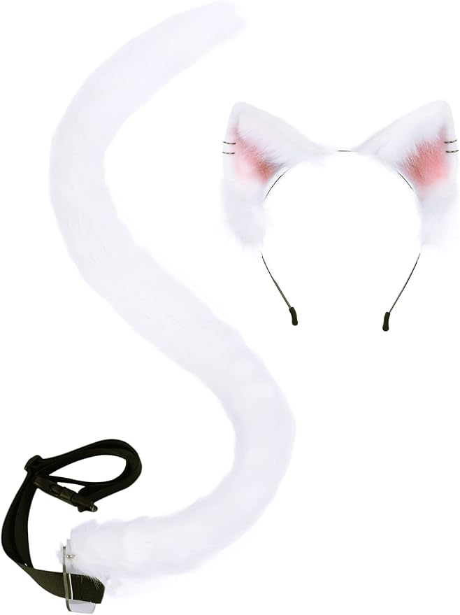 QinRuan Animal Cosplay Costume Accessories Furry Faux Fur Cat Ears Headband and Fox Tail Set Halloween Accessory