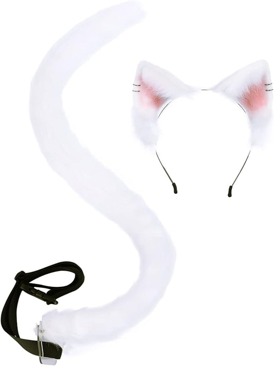 QinRuan Animal Cosplay Costume Accessories Furry Faux Fur Cat Ears Headband and Fox Tail Set Halloween Accessory